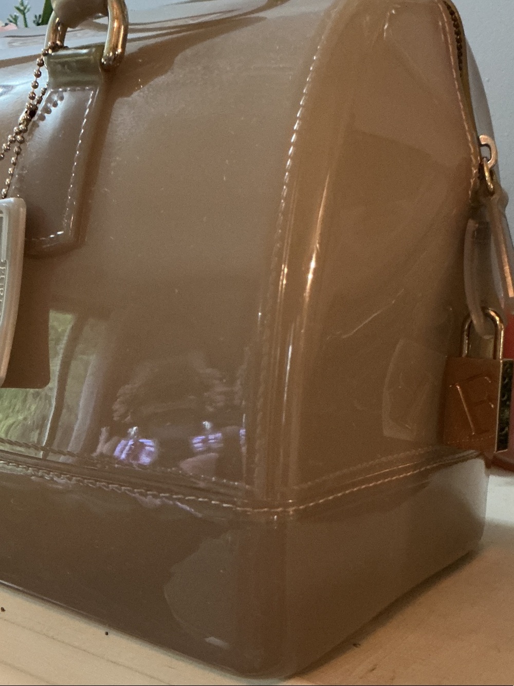 Furla Glossy Candy  Taupe Patent Dome Satchel - Picture 3 of 6